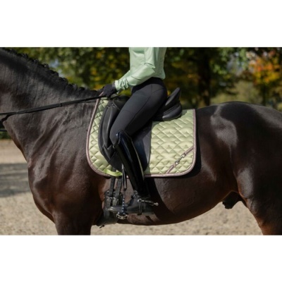 Manta de sela verde com borda roxa sobre cavalo castanho com cavaleiro de roupas verdes e botas pretas