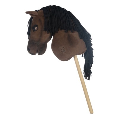Cavalo de brincar de pau castanho com crina preta e haste de madeira.