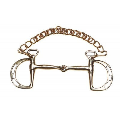 Freio de cavalos metálico com corrente prateada em fundo branco