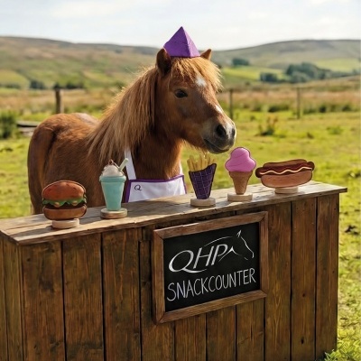 Cavalo vestido com chapéu e avental roxos atrás de balcão de madeira com placa QHPA SNACKCOUNTER e réplicas coloridas de comida
