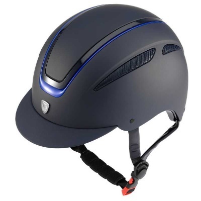 Capacete de proteção azul escuro com viseira e ventilação lateral