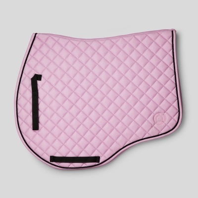 Alforge de sela de cavalo rosa matelassado com acabamentos pretos e logótipo rosa