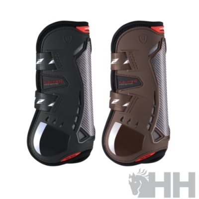 Conjunto de protetores de casco para cavalo preto e castanho com fechos ajustáveis e detalhes vermelhos