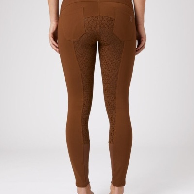Calças justas castanhas com patches antiderrapantes padrão leopardo na parte traseira