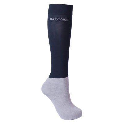 Meia alta azul escuro e cinza claro com texto HARCOUR