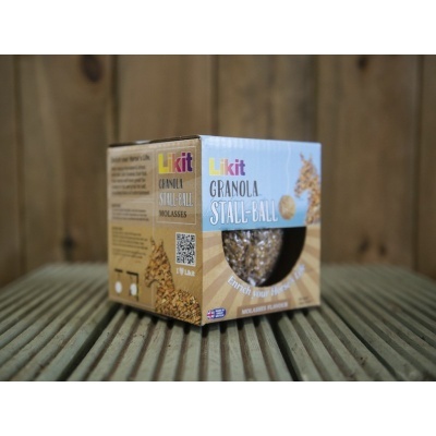 Caixa de granola Likit Granola Stall-Ball com embalagem azul e bege