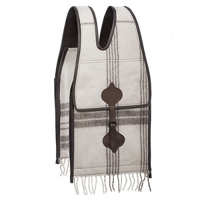 Bolsa de tecido bege com riscas cinzentas e detalhes em couro castanho para transporte de garrafas