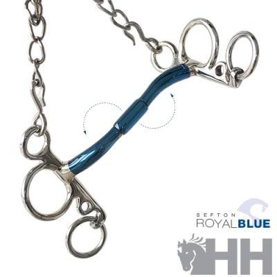 Freio equestre metálico azul e prateado com argolas