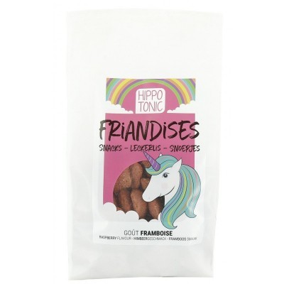 Saco branco com etiqueta colorida de Hippo Tonic Friandises sabor framboesa