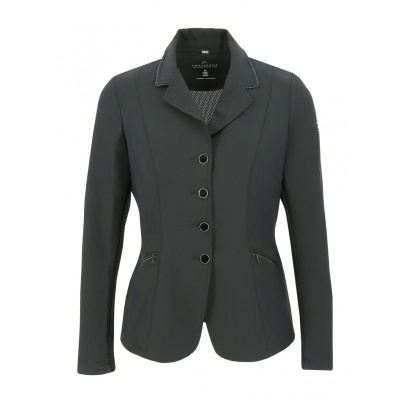Blazer feminino preto com botões e bolsos, fundo branco