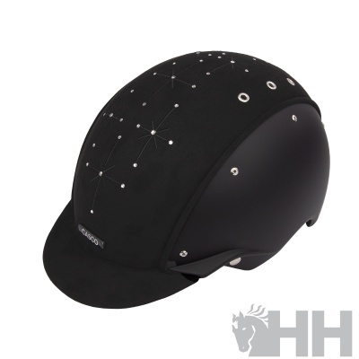Capacete de equitação preto com visor e decoração de estrelas e cristais