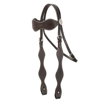 Cabezada de equitação em couro castanho escuro com textura de crocodilo e fivelas prateadas.