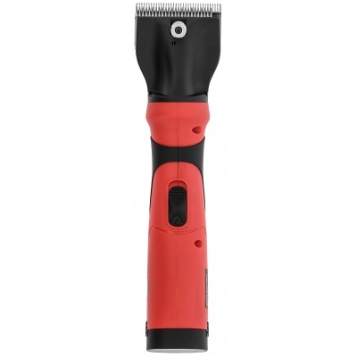 Máquina de tosquiar elétrica vermelha e preta com lâminas metálicas
