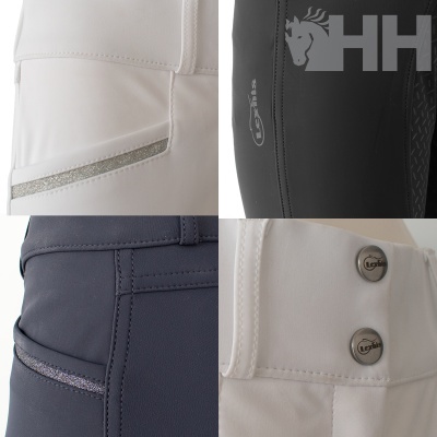 Detalhes de calças em branco, preto e azul escuro com logos Lexhis e costuras