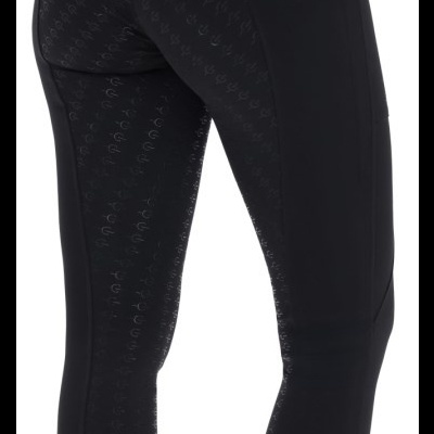 Calças desportivas pretas com padrão antiderrapante e bolso lateral