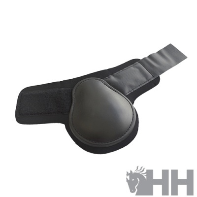 Joelheira preta com parte acolchoada rígida e alça ajustável cinzenta