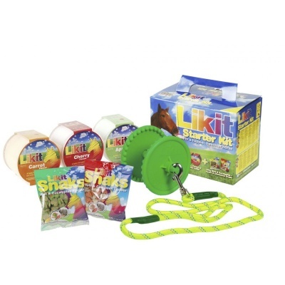 Kit Likit Starter Kit para cavalos com baldes de sabores, snacks e corda com discos verdes