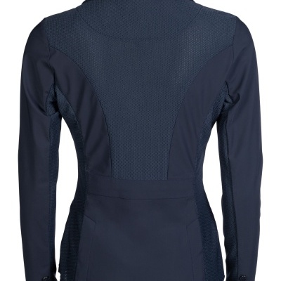 Casaco feminino azul escuro visto de costas com textura em malha