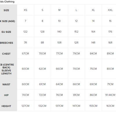 Tabela de tamanhos para roupa infantil com colunas e medidas detalhadas