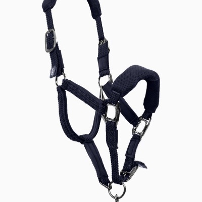 Peitoral azul escuro para animal com fivelas metálicas e alça com etiqueta PROJECT