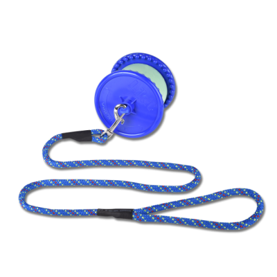 Trela para cães com disco azul e corda azul colorida, gancho metálico.