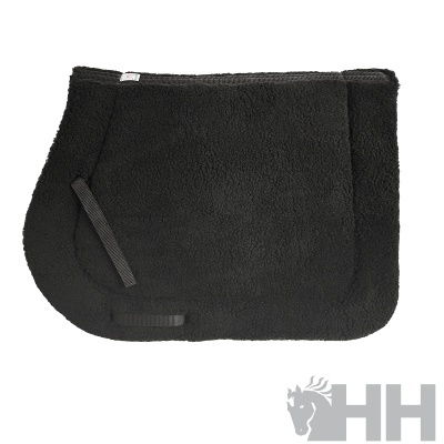 Almofada para sela de cavalo preta com textura felpuda e logo HH cinza