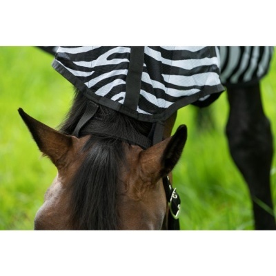 Cavalo com máscara protetora com padrão de zebra