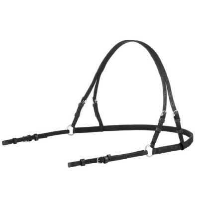 Peça de arreio preta para cavalo em couro com fivelas metálicas