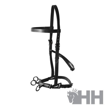 Cabresto de cavalo preto em couro com argolas metálicas e logótipo HH