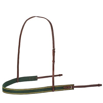 Correia de cavalo verde com linhas amarelas e couro castanho com fivelas