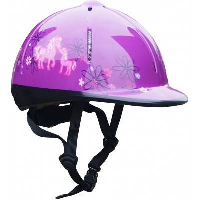 Capacete de equitação lilás com desenhos de flores e cavalos