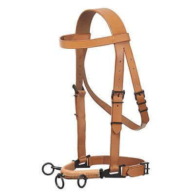 Cabresto para cavalo em couro castanho com argolas metálicas pretas