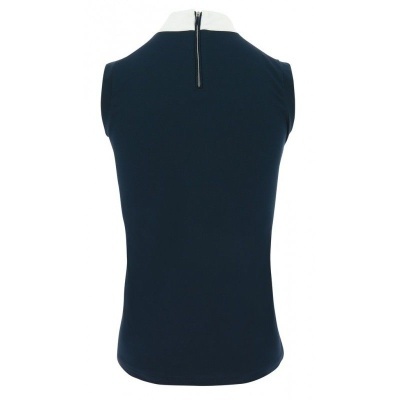 Camisola azul escura sem mangas com gola branca e fecho atrás