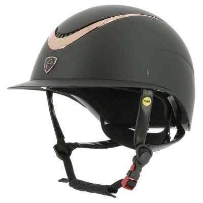Capacete de equitação preto com detalhe rosa dourado e fita preta com fecho vermelho