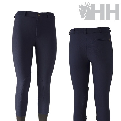 Calças de equitação azul escuro vistas de frente e de costas com logótipo HH cinzento