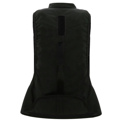 Colete preto em tecido sintético com fecho vertical e detalhes em preto