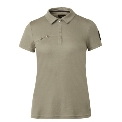 Polo feminina caqui com gola, botões e zíper no peito