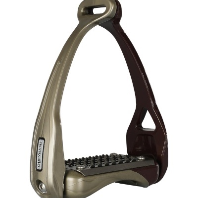 Estribo metálico de equitação cinza e castanho com base antiderrapante preta