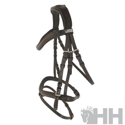 Cabresto de cavalo em couro castanho escuro com fivelas metálicas prateadas
