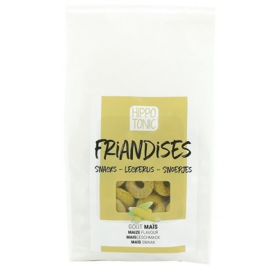 Embalagem branca de snacks Hippo Tonic sabor milho com anéis amarelos visíveis