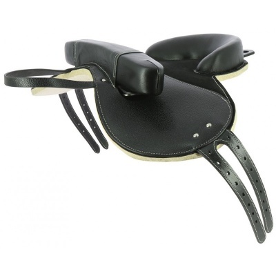Selim de cavalo preto em pele com acolchoamento e alças ajustáveis