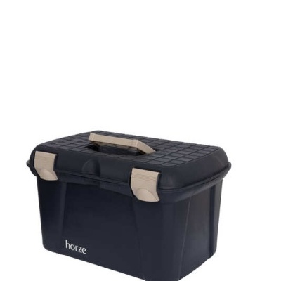 Caixa de armazenamento preta com pega e fechos bege e texto horze