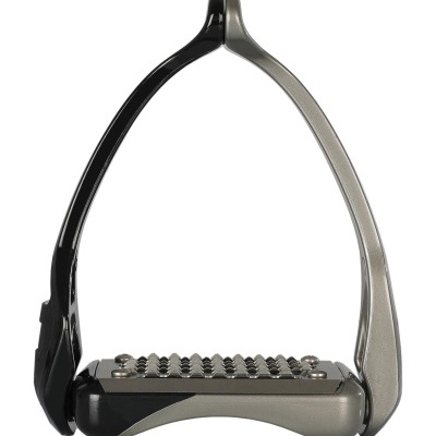 Estribo metálico cinza e preto com superfície texturizada.