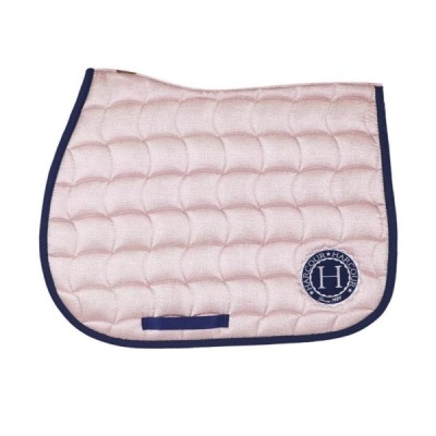 Sapata para cavalo rosa acolchoada com bordas azul-escuras e logótipo HARCOUR
