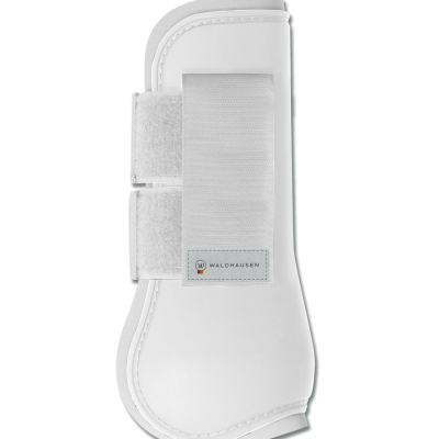 Protetor branco para pernas de cavalo com fechos de velcro e etiqueta WALDHAUSEN