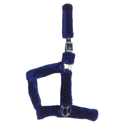 Cabresto para cavalo azul revestido em tecido peludo com fivelas e argola metálica