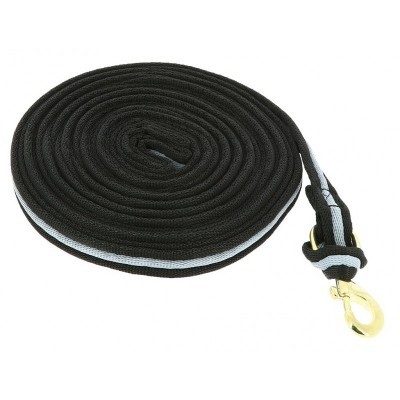 Corda preta enrolada com faixa cinza e mosquetão dourado