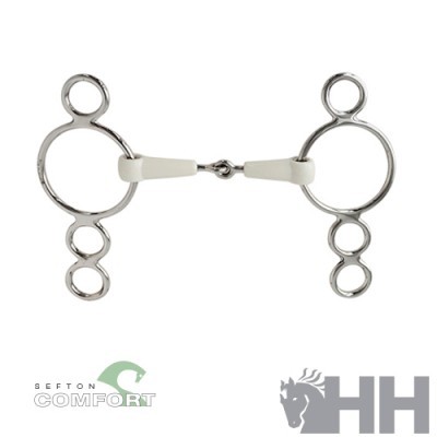 Freio para cavalo três argolas em aço inox com partes brancas e logotipos