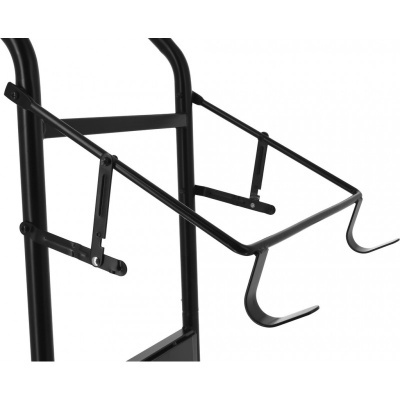 estrutura metálica preta com ganchos para pendurar objetos