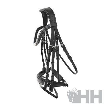 Cabeçada de equitação preta em pele com fivelas metálicas e logo 